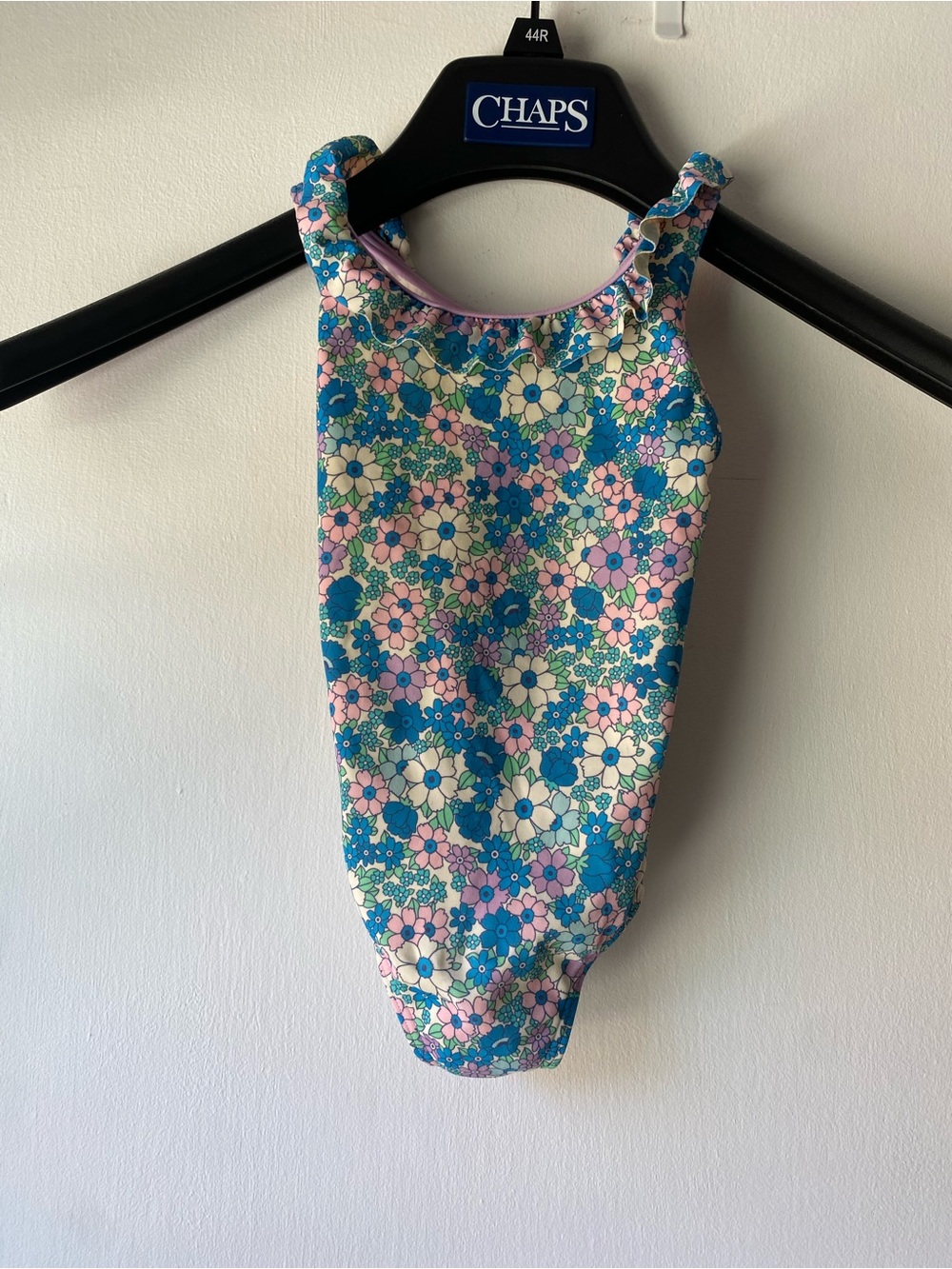 Baby Boden Blue, Pink and White Floral One-Piece Swimsuit with Ruffle Straps